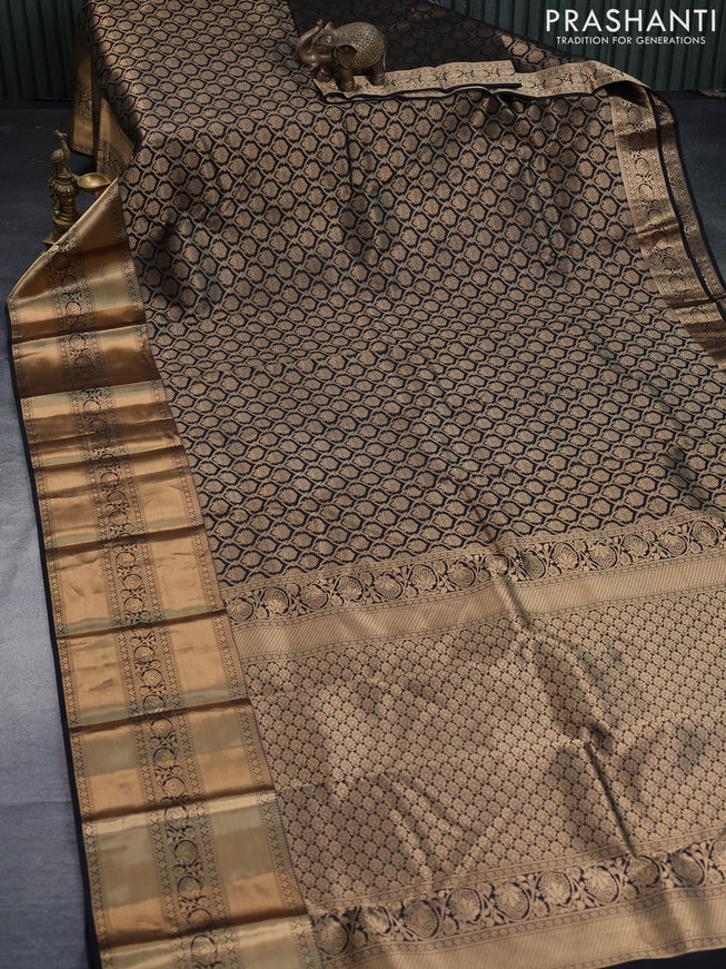 Pure kanchipuram silk saree black with allover zari woven brocade weaves and long zari woven border