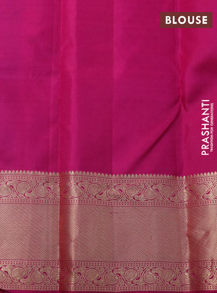 Pure kanchipuram silk saree dual shade of teal bulish green and pink with allover zari woven brocade weaves and zari woven border