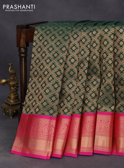 Pure kanchipuram silk saree green and pink with allover zari woven brocade weaves and peacock zari woven korvai border