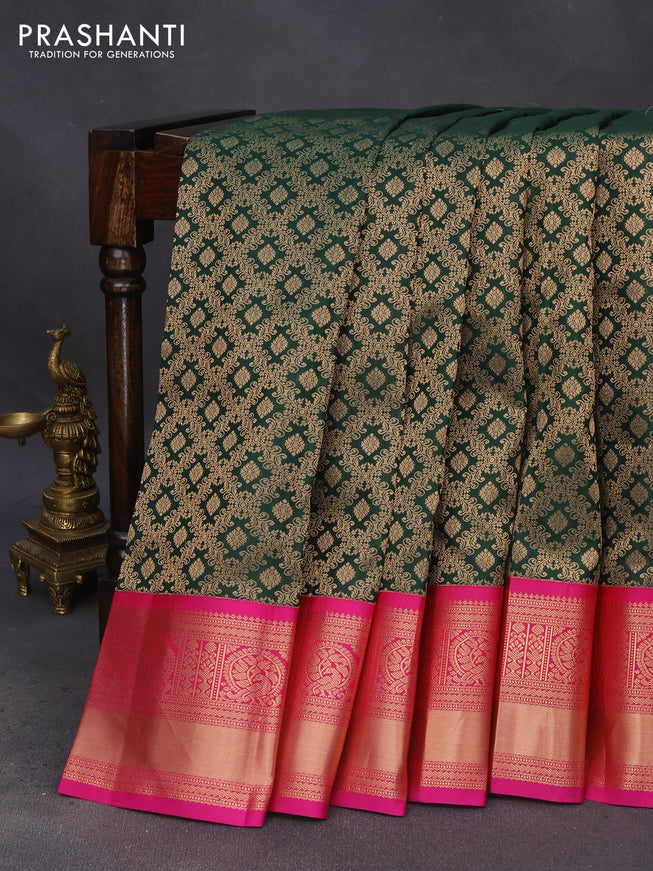 Pure kanchipuram silk saree green and pink with allover zari woven brocade weaves and peacock zari woven korvai border