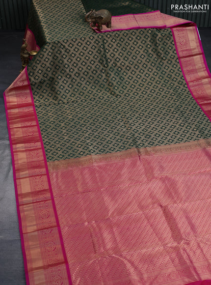 Pure kanchipuram silk saree green and pink with allover zari woven brocade weaves and peacock zari woven korvai border