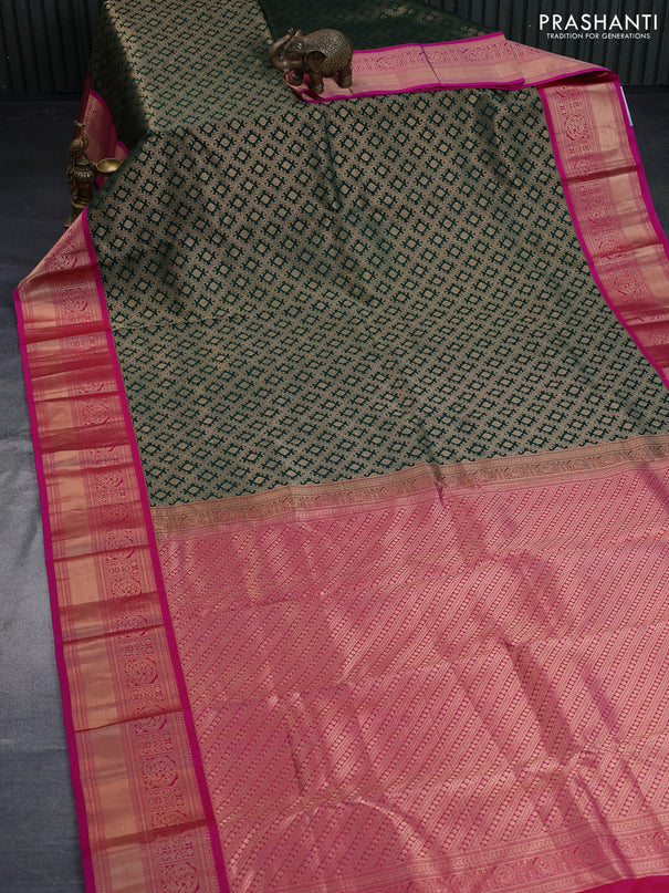 Pure kanchipuram silk saree green and pink with allover zari woven brocade weaves and peacock zari woven korvai border