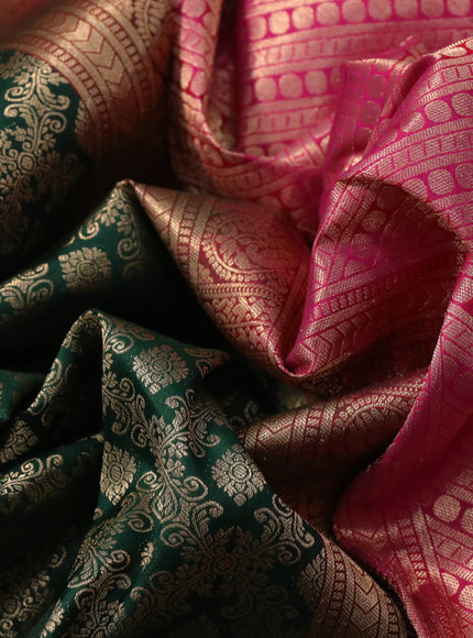 Pure kanchipuram silk saree green and pink with allover zari woven brocade weaves and peacock zari woven korvai border