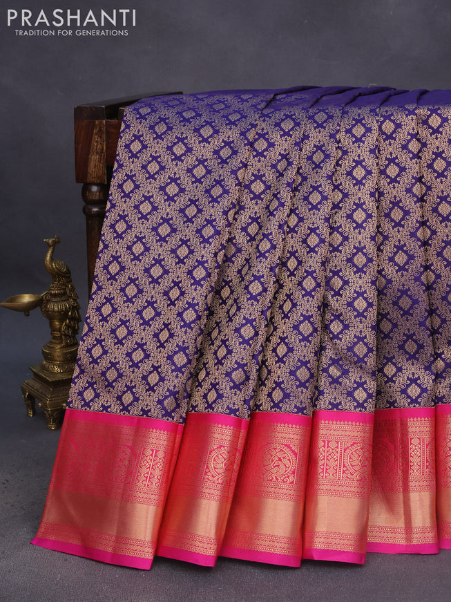 Pure kanchipuram silk saree navy blue and pink with allover zari woven brocade weaves and peacock zari woven korvai border