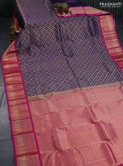 Pure kanchipuram silk saree navy blue and pink with allover zari woven brocade weaves and peacock zari woven korvai border