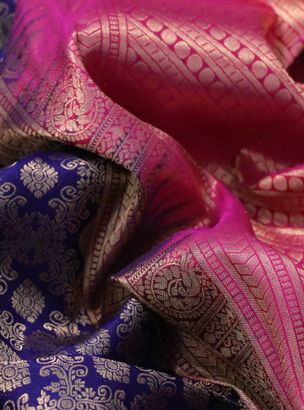 Pure kanchipuram silk saree navy blue and pink with allover zari woven brocade weaves and peacock zari woven korvai border