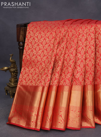 Pure kanchipuram silk saree red with allover zari woven brocade weaves and long rich zari woven border