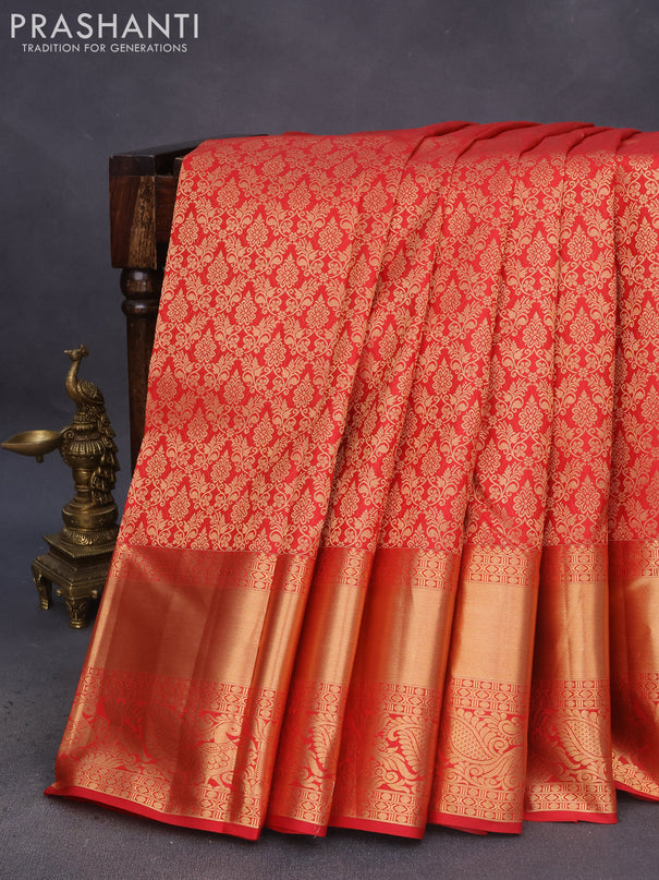 Pure kanchipuram silk saree red with allover zari woven brocade weaves and long rich zari woven border