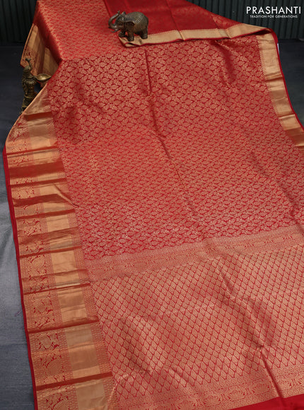 Pure kanchipuram silk saree red with allover zari woven brocade weaves and long rich zari woven border