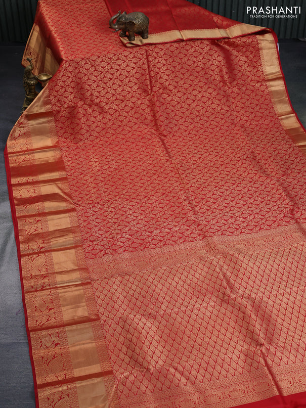 Pure kanchipuram silk saree red with allover zari woven brocade weaves and long rich zari woven border