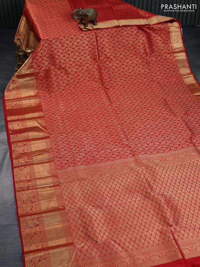 Pure kanchipuram silk saree red with allover zari woven brocade weaves and long rich zari woven border