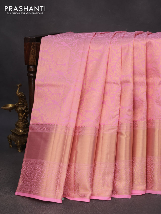 Pure kanchipuram silk saree light pink with allover zari woven brocade weaves and long zari woven border