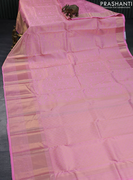 Pure kanchipuram silk saree light pink with allover zari woven brocade weaves and long zari woven border