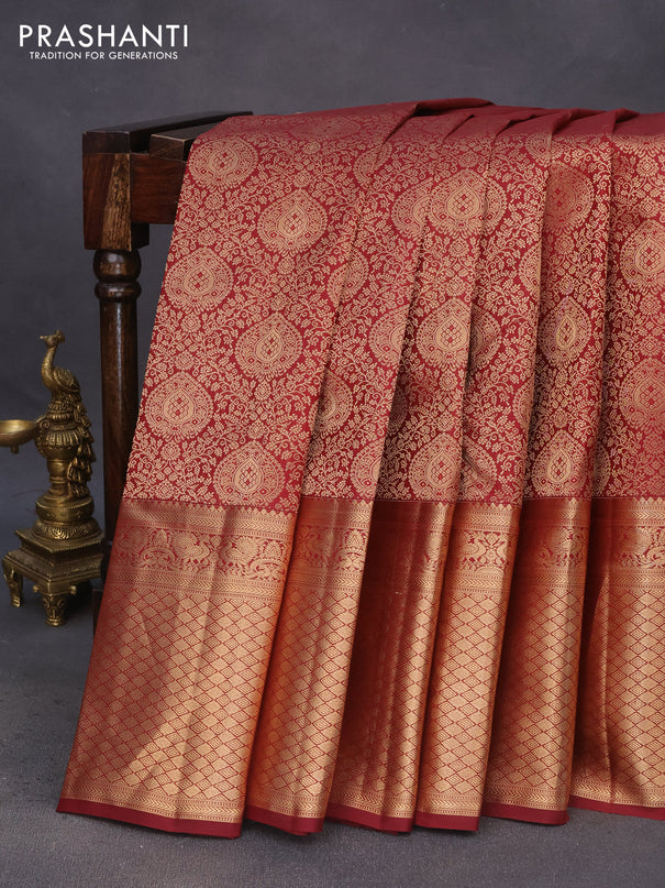 Pure kanchipuram silk saree maroon with allover zari woven brocade weaves and long annam zari woven border