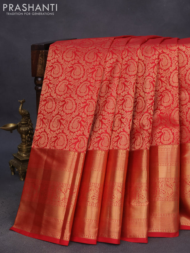 Pure kanchipuram silk saree red with allover zari woven brocade weaves and long rich zari woven border