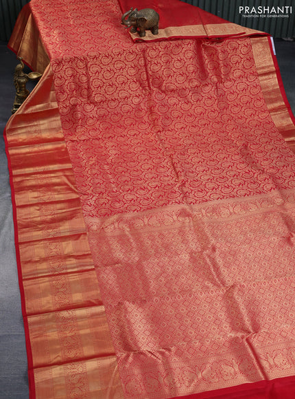 Pure kanchipuram silk saree red with allover zari woven brocade weaves and long rich zari woven border