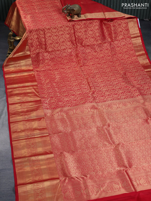 Pure kanchipuram silk saree red with allover zari woven brocade weaves and long rich zari woven border