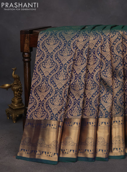 Pure kanchipuram silk saree dual shade of peacock green with allover zari woven brocade weaves and zari woven border