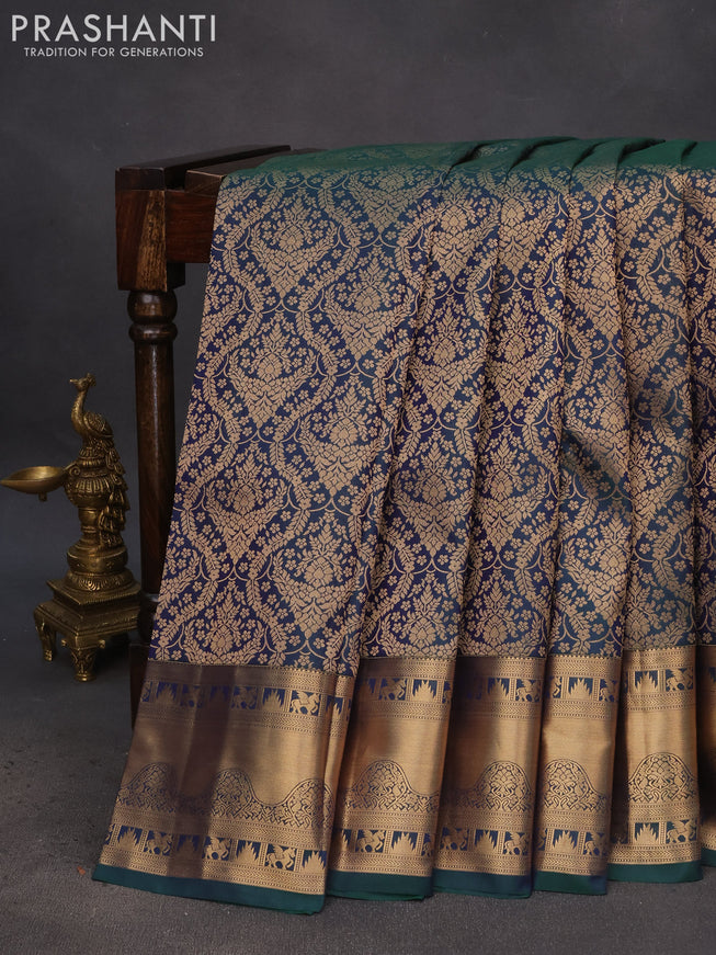 Pure kanchipuram silk saree dual shade of peacock green with allover zari woven brocade weaves and zari woven border