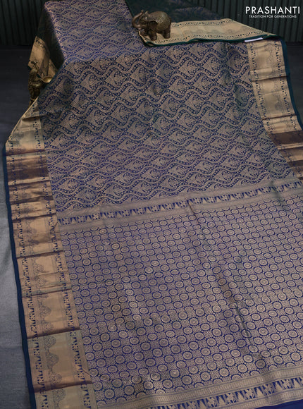 Pure kanchipuram silk saree dual shade of peacock green with allover zari woven brocade weaves and zari woven border