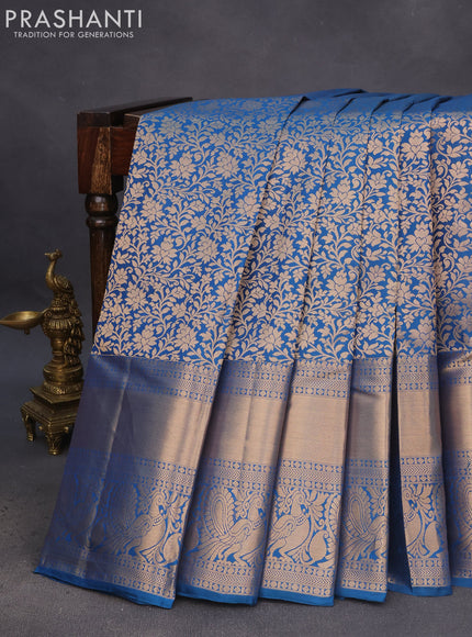 Pure kanchipuram silk saree peacock blue with allover zari woven brocade weaves and long zari woven annam border