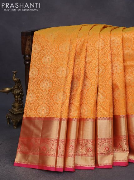 Pure kanchipuram silk saree mango yellow and pink with allover zari woven brocade weaves and long zari woven border