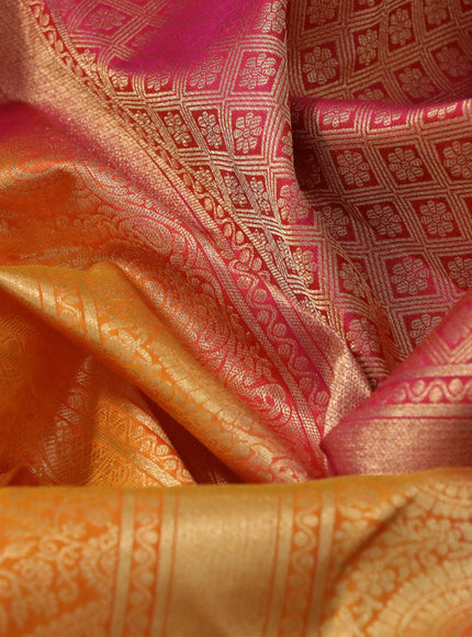 Pure kanchipuram silk saree mango yellow and pink with allover zari woven brocade weaves and long zari woven border