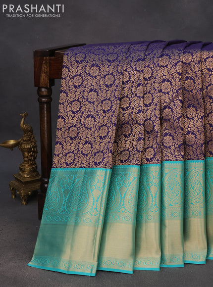 Pure kanchipuram silk saree navy blue and teal green shade with allover zari woven brocade weaves and long rich zari woven korvai border