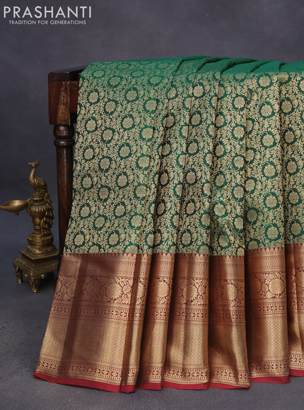 Pure kanchipuram silk saree green and maroon with allover zari woven brocade weaves and long floral zari woven border