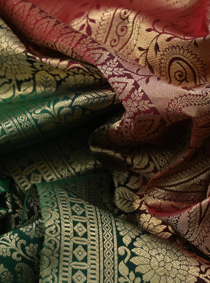 Pure kanchipuram silk saree green and maroon with allover zari woven brocade weaves and long floral zari woven border