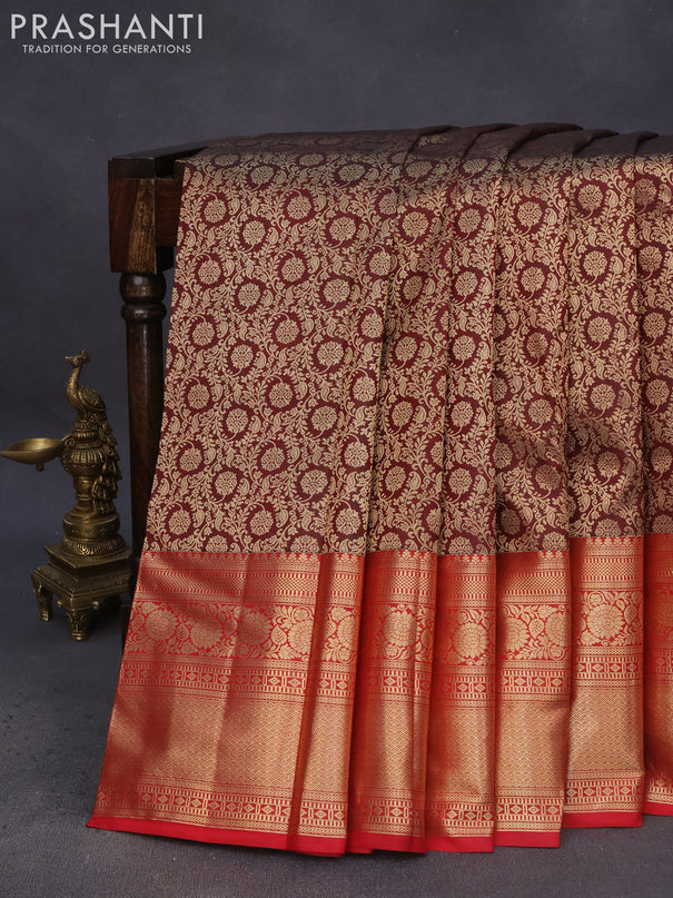 Pure kanchipuram silk saree maroon and red with allover zari woven brocade weaves and long floral zari woven border