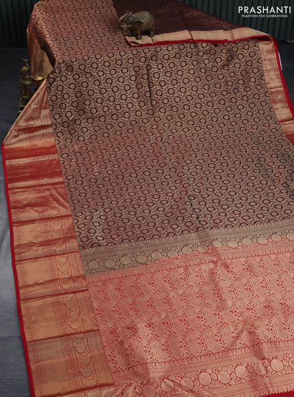 Pure kanchipuram silk saree maroon and red with allover zari woven brocade weaves and long floral zari woven border