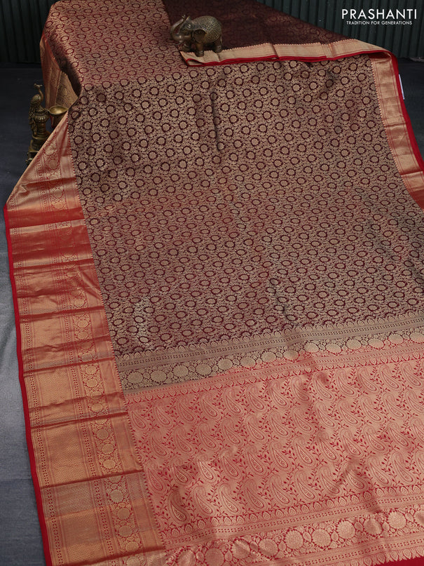 Pure kanchipuram silk saree maroon and red with allover zari woven brocade weaves and long floral zari woven border