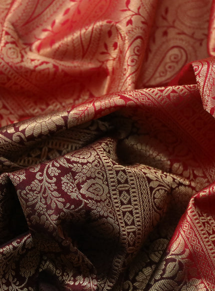 Pure kanchipuram silk saree maroon and red with allover zari woven brocade weaves and long floral zari woven border