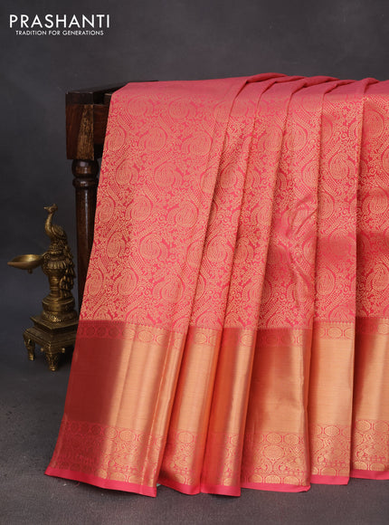 Pure kanchipuram silk saree pink shade with allover zari woven brocade weaves and long zari woven border