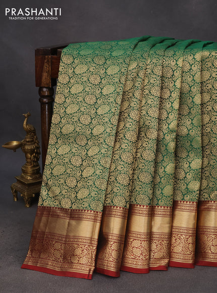 Pure kanchipuram silk saree green and maroon with allover zari woven floral brocade weaves and floral zari woven border