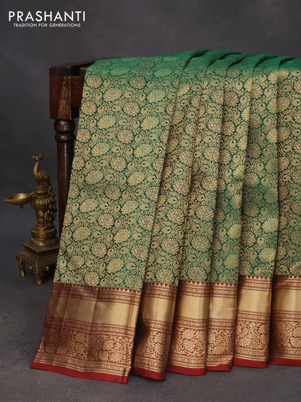 Pure kanchipuram silk saree green and maroon with allover zari woven floral brocade weaves and floral zari woven border