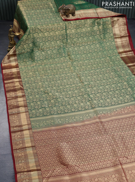 Pure kanchipuram silk saree green and maroon with allover zari woven floral brocade weaves and floral zari woven border