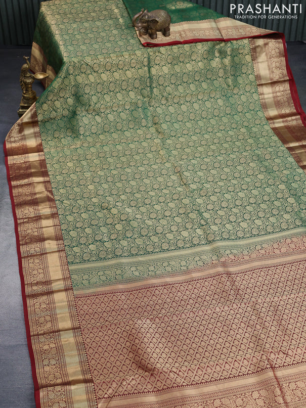 Pure kanchipuram silk saree green and maroon with allover zari woven floral brocade weaves and floral zari woven border