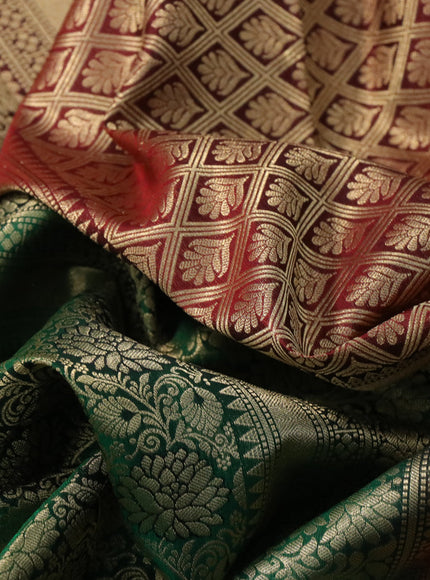 Pure kanchipuram silk saree green and maroon with allover zari woven floral brocade weaves and floral zari woven border