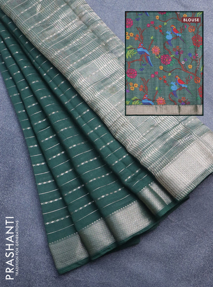 Assam silk saree green with allover zari woven stripes pattern and zari woven border