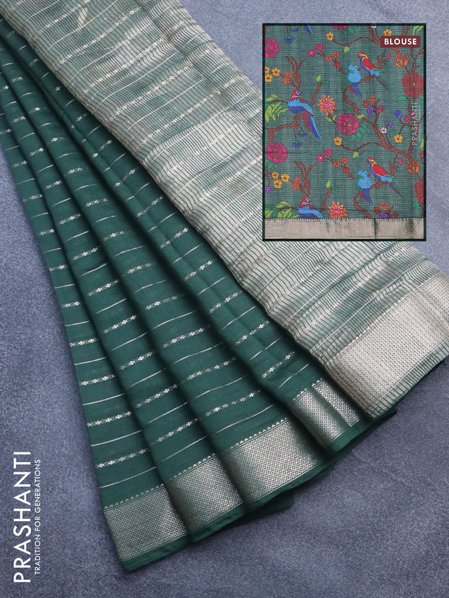 Assam silk saree green with allover zari woven stripes pattern and zari woven border