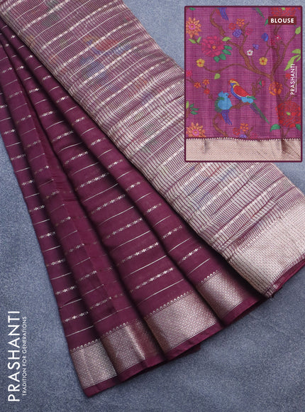 Assam silk saree wine shade with allover zari woven stripes pattern and zari woven border