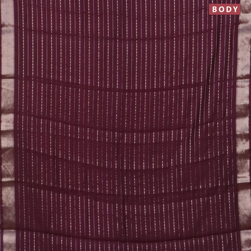 Assam silk saree wine shade with allover zari woven stripes pattern and zari woven border