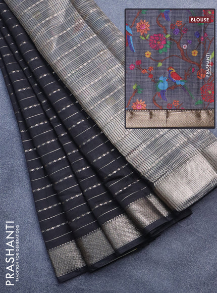 Assam silk saree black with allover zari woven stripes pattern and zari woven border