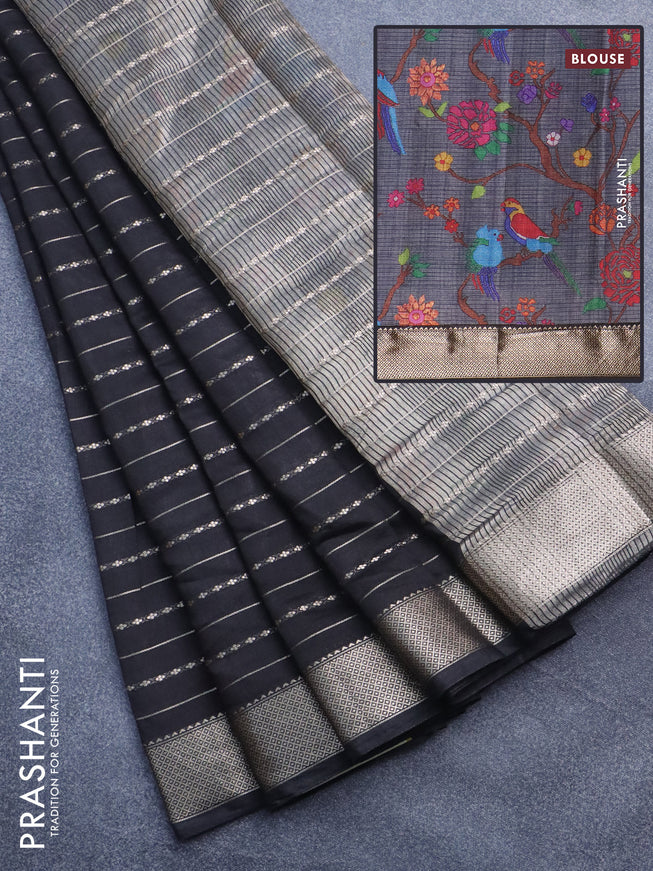 Assam silk saree black with allover zari woven stripes pattern and zari woven border