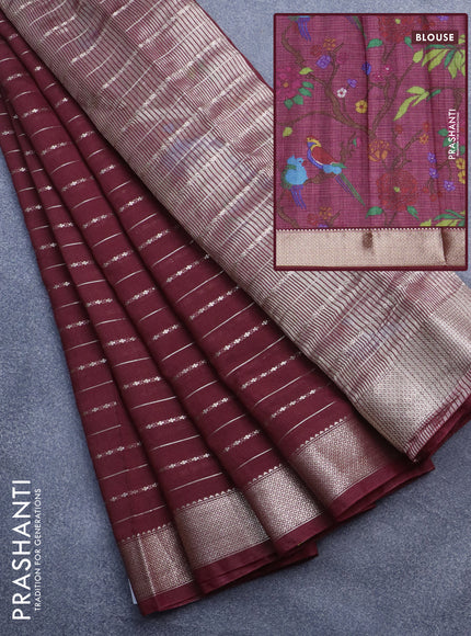 Assam silk saree maroon with allover zari woven stripes pattern and zari woven border