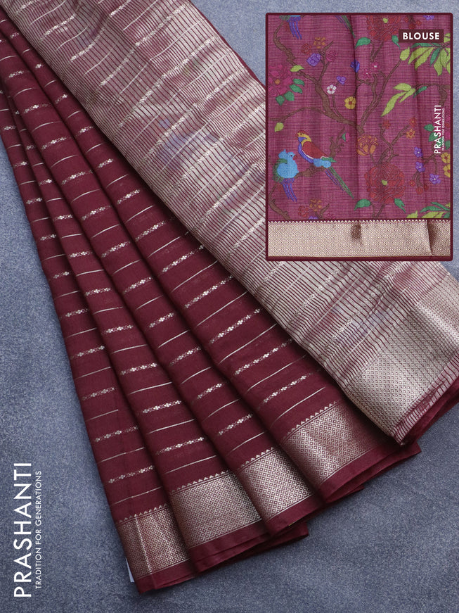 Assam silk saree maroon with allover zari woven stripes pattern and zari woven border