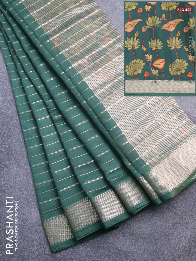 Assam silk saree green with allover zari woven stripes pattern and zari woven border