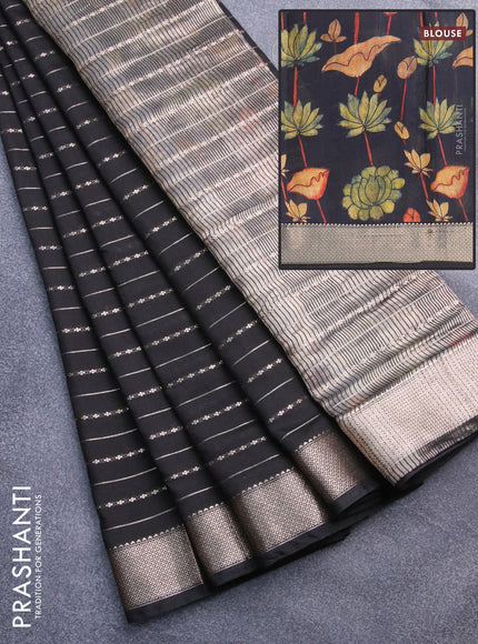 Assam silk saree black with allover zari woven stripes pattern and zari woven border